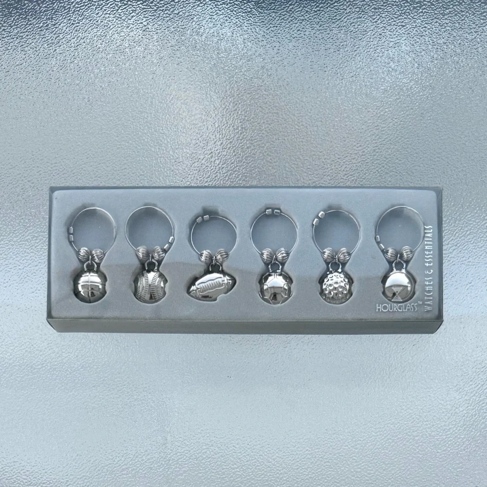 Sports Balls Themed Silver-Tone Metal Wine Charms ~ Set of 6